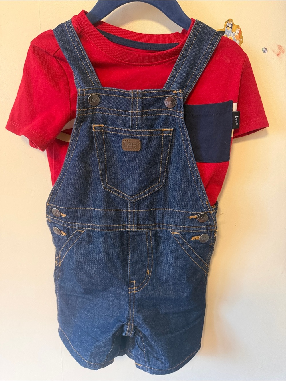 Lee Red Tee with Blue Denim Short Overalls
